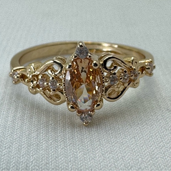 Art Deco Style Champagne Topaz CZ Ring Gold Vintage Inspired Filigree Cocktail - Picture 5 of 8